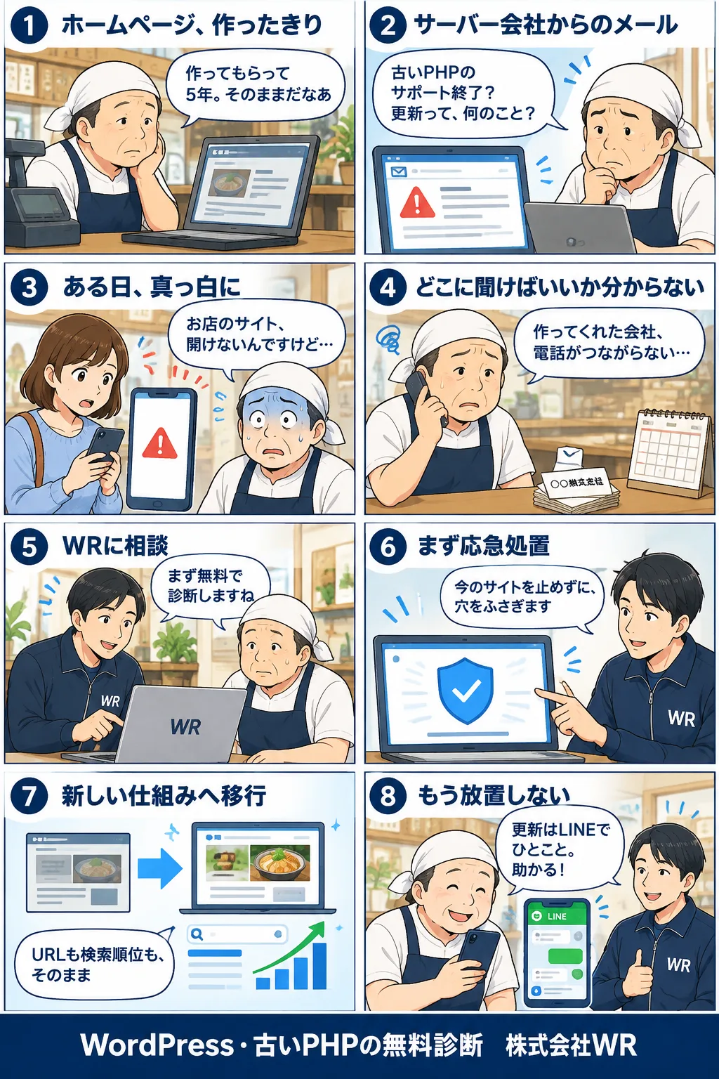 まんがで分かる、古いWordPress・PHPを放置したホームページの末路と移行の流れ（8コマ）。1.ホームページ、作ったきり。2.サーバー会社から「古いPHPのサポート終了」のメール。3.ある日、サイトが真っ白に。4.作った会社に電話がつながらず、どこに聞けばいいか分からない。5.WRに相談、まず無料で診断。6.まず応急処置、今のサイトを止めずに穴をふさぐ。7.新しい仕組みへ移行、URLも検索順位もそのまま。8.もう放置しない、更新はLINEでひとこと。