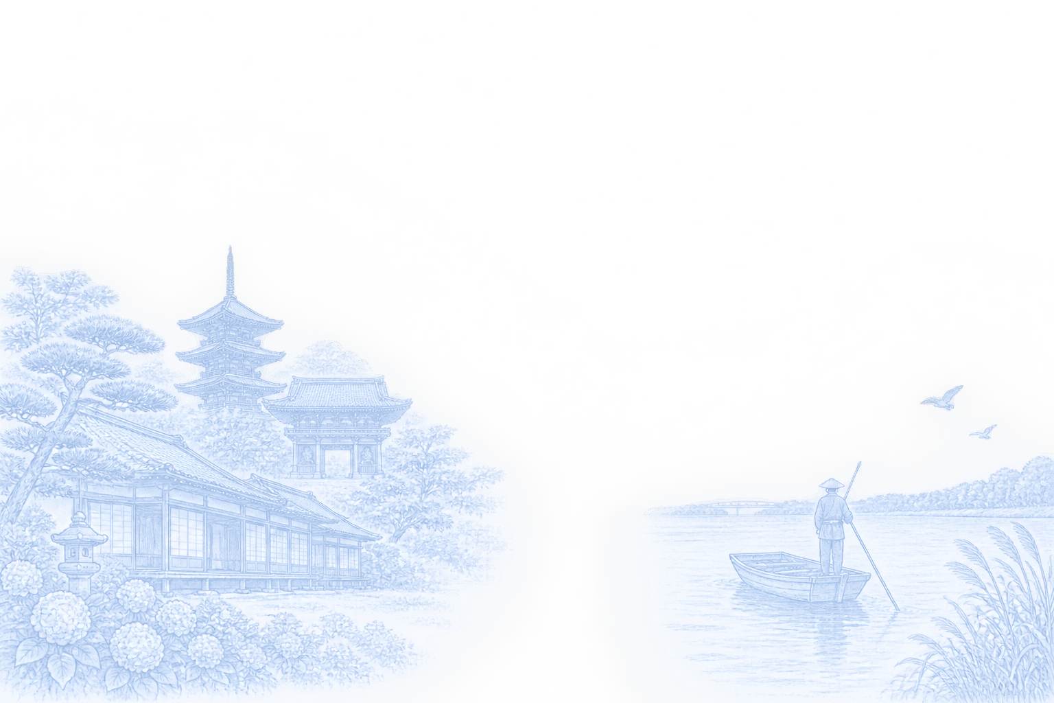 松戸市の名所（戸定邸（戸定が丘歴史公園）・本土寺（あじさい寺）・矢切の渡し）の線画